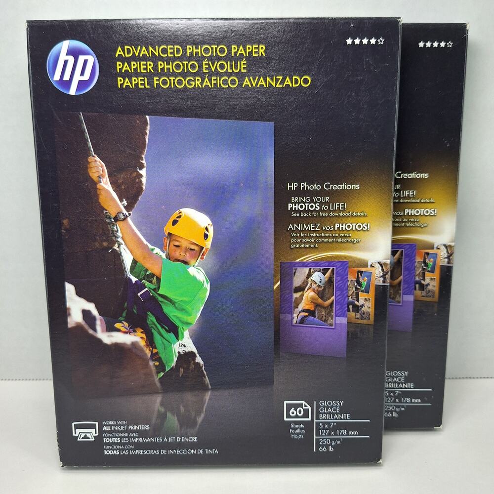 Lot Of 2 HP Advanced Photo Paper 5 x 7 Glossy Q8690A 60 Sheets Each - New In Box